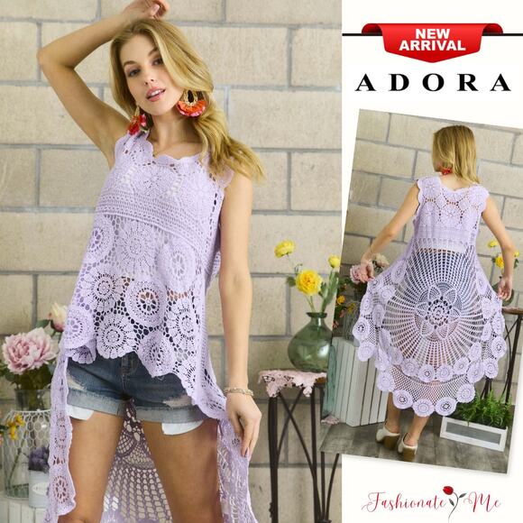 ADORA Crochet Lace Detail Sleeveless Round Neck Hi-Low Hem Tunic Top | Lavender - Picture 1 of 6